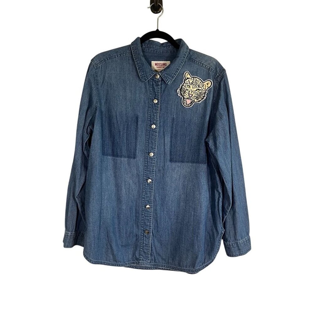 Mossimo Denim Shirt XL Blue Jean Cheetah Boyfriend Western Rodeo Country Farm 80